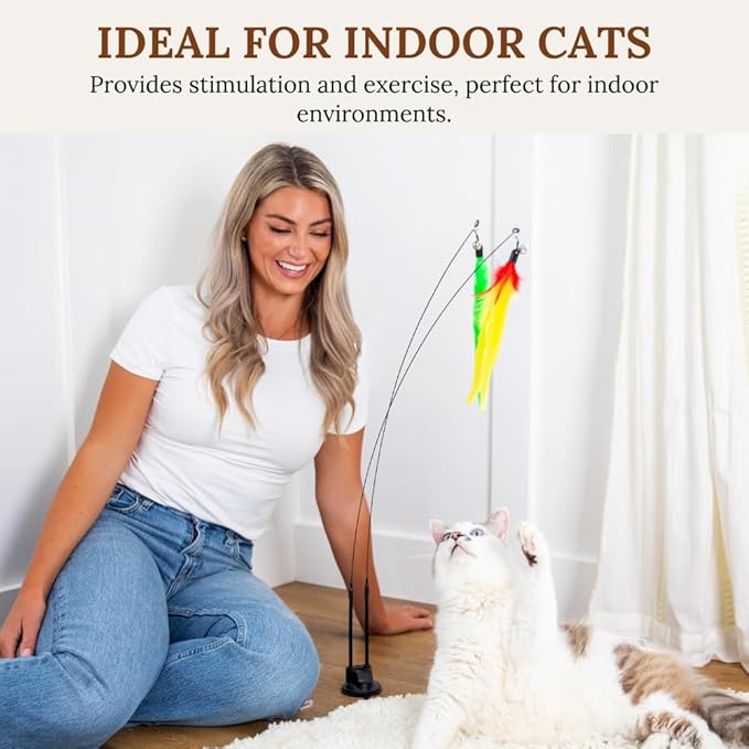 Suction Cup Cat Toys for Indoor Cats Interactive Suction Cup Cat Wand Toy Feather Teaser for Indoor Cats & Kittens Multi Surface Base for Hands Free Play