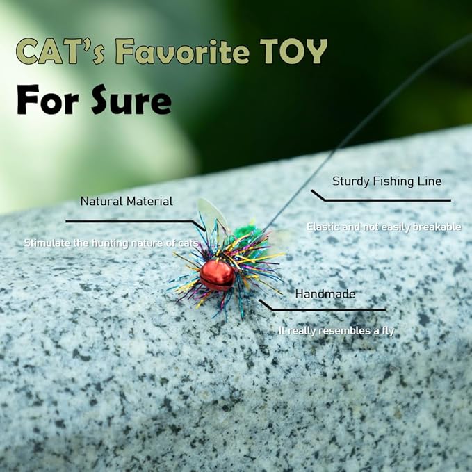 Cat Feather Toys - 2 Pcs Handmade Simulation Flies – Durable Cat Toy Wand Refills - Interactive Kitten Teaser Wand Attachments - Cat Toys Replacement for Cat Kitten Wand