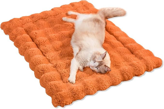 Cat Beds for Indoor Cats Faux Fur Pet Mat Cute Kitten Plush Bed with Non-Slip Bottom for Carriers/Couch Dog & Puppy Friendly 35 x 27 Inch Orange