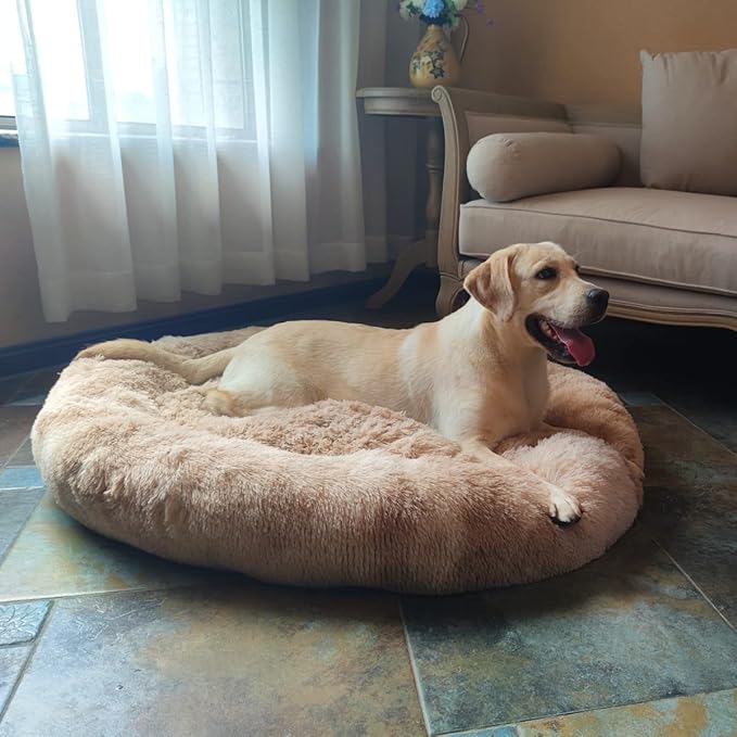 Coohom Oval Calming Donut Cuddler Dog Bed,Shag Faux Fur Cat Bed Washable Round Pillow Pet Bed(30"/36") for Small Medium Dogs (XXL(43"x34"x8"), Beige2021)