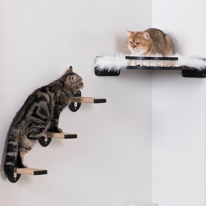 3-in-1 Cat Wall Steps - Climbing Wall Furniture & Shelves with Hemp Rope, Solid Wood Cat Ladder (Standard-Black)