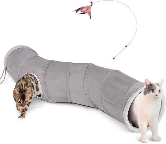 Ownpets Cat Tunnel 48 inch Long S-Shape Collapsible Cat Play Tunnel with Interactive Feather Wand Large Pet Tunnel Tube Toy for Cat Kitten Kitty Puppy Rabbit