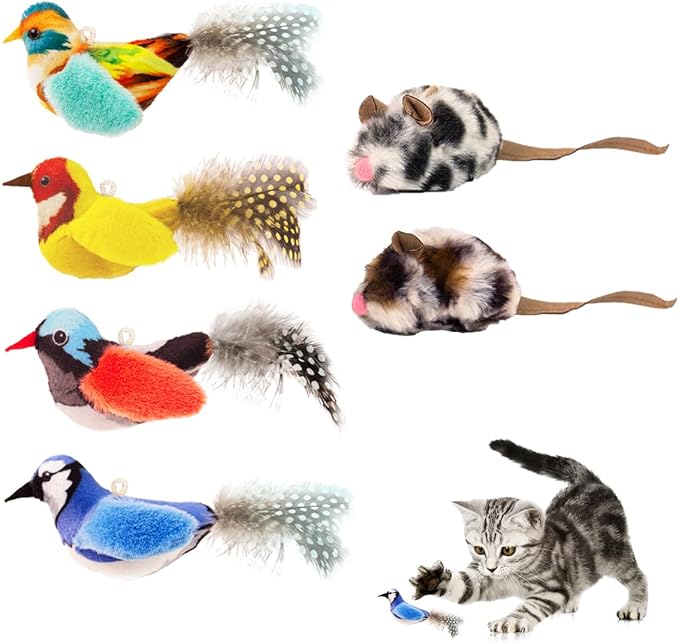 Catnip Cat Toys Boredom Relieve Teeth and Kicking Feather Cat Toys Interactive with Lifelike Chirp Sound Chirping Bird Kitten Toy Real Feather (6 Pack)