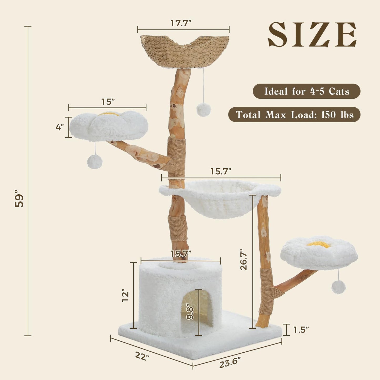 59" Modern Cat Tree Tower for Large Cats w/2 Flower Perches-Natural Solid Wood Scratching Post with Real Branch-Luxury Boho Cat Furniture w/Condo & Wicker Basket Bed, Cloud White