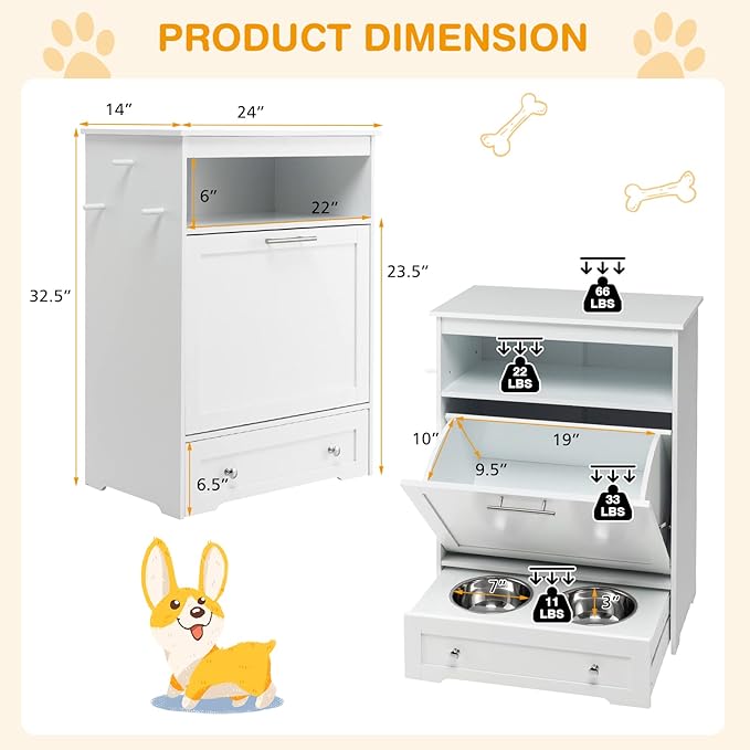 Tangkula Pet Feeder Station, Dog Food Storage Container with Double Pull Out Dog Bowls, Pet Food Toy Organizer Cabinet, Pet Feeding Station Furniture for Dogs Cats Feeding & Watering Supplies (White)
