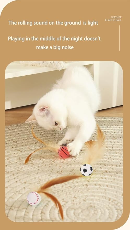 2025 Interactive Feather Cat Toy Ball Set – Elastic Bouncy Pet Toys with Natural Feathers, Silicone Rolling Balls for Indoor Cats & Kittens, Safe, Fun & Durable (1 Set)