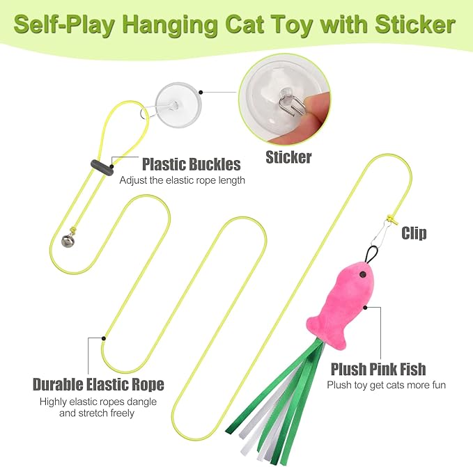 ChicWow Interactive Retractable Cat Wand & Hanging Toys for Cats - 2 Wands, 2 Hanging, 7 Teaser Cat Toys for Indoor Adult Cats Kitten, Includes Feather, Mouse, Fish, Worm, 1 Spare Elastic Rope