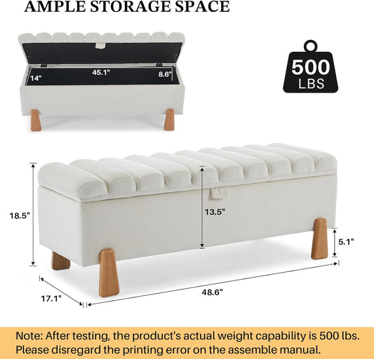 Storage Ottoman Bench for Bedroom Small Spaces 48.6 Inch with Hinged Lid Solid Wood Tapered Legs Tufted Upholstered Fabric for Living Room & Bedroom, Beige