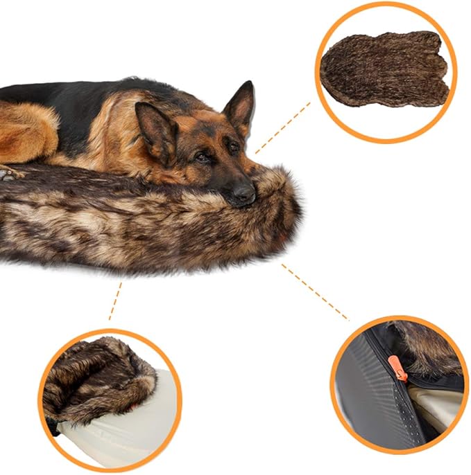 Laifug Large Faux Fur Dog Bed,5-inch Thick Grade Orthopedic Memory Foam Dog Bed(50"x30"x5"),Removable Cover with Anti-Slip Bottom,Waterproof Liner