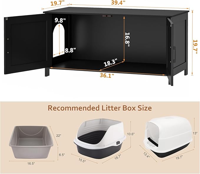Homhedy 39.4" L Cat Litter Box Enclosure, Pet House with Barn Door, Wooden Cat Washroom Furniture,Fit Most of Litter Box, Black