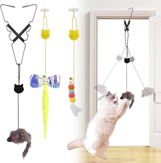 AccEncy 3 Pack Interactive Feather Toys - Doorway Hanging Cat Toys with Retractable Teaser for Indoor Cats (Mixed)