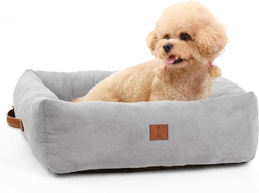 25In Dog Bed for Small Medium Sized Dogs - Washable Rectangle Puppy Bed for Indoor Outdoor, Cozy Pet Bed with Support Pillow & Non-Slip Bottom(Pale Grey, Medium)