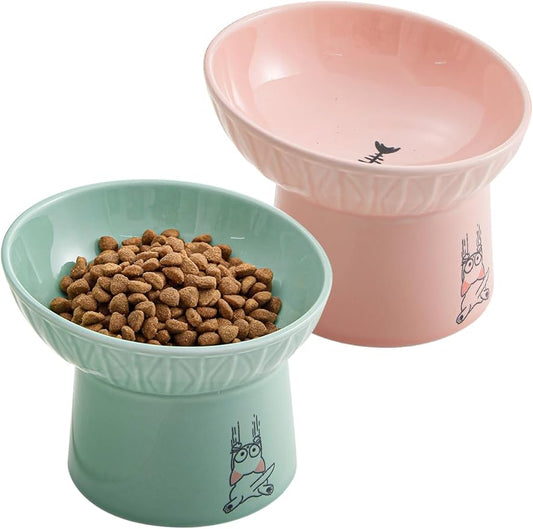 OMAYKEY Extra Wide Raised Cat Bowls, 6.5 Inch Wide Ceramic Tilted Elevated Cat Bowl, Prevent Neck & Whisker Fatigue, Anti Vomit for Cats Puppies, Dishwasher and Microwave Safe, 2 Pack