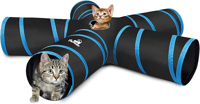 Pawaboo Cat Toys, Cat Tunnel Tube 5 Way Tunnels 25x53cm Extensible Collapsible Play Tent Interactive Toy Maze Cats House with Balls and Bells for Cats Kitten Kitty Rabbit Small Animal, Blue