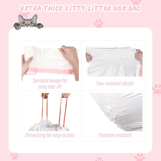 100 Counts Cat Litter Box Liners, 27" x 15" Drawstring Bags for Kitty Litter Pan Receptacles, One Step Cleaning, Heavy Duty, Extra Thick & Tear Resistant (Small Size / 100 Counts)