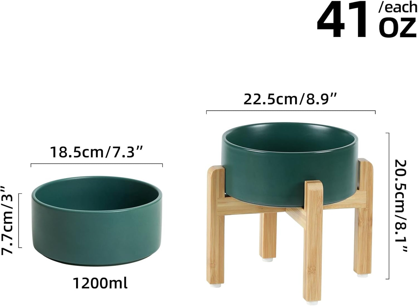 Ceramic Elevated Dog Bowl Set, Food and Water Bowl for Medium Dogs, Weighted Dishes, Green (7.3'', 41OZ)