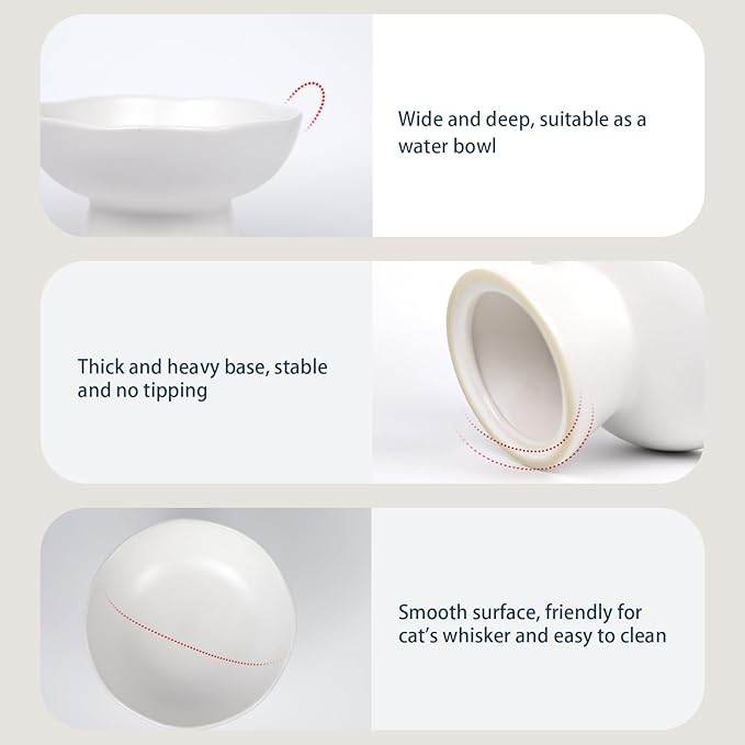 6.1" Wide 1.57" Deep Elevated Cat Water Bowls, Ceramic Raised Food Plate,Cat Feeder,Anti Vomiting Whisker Fatigue,White