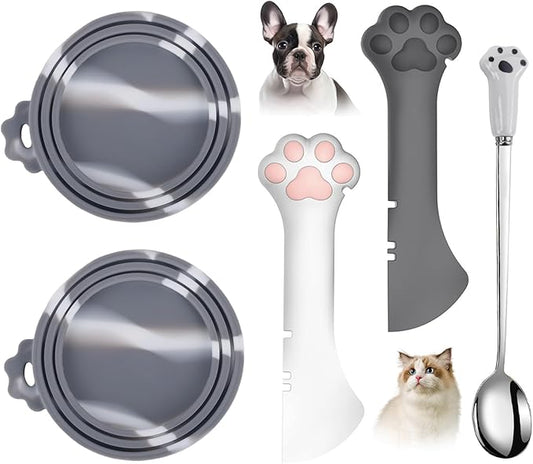 Comtim 5 PCS Pet Food Can Lids & Spoons Set - Silicone Dog Cat Food Can Covers Lids Top/Multi-Function Cat Food Spoon Spatula Can Opener for Wet Food/Long Handle Spoon Easy to Scoop Food