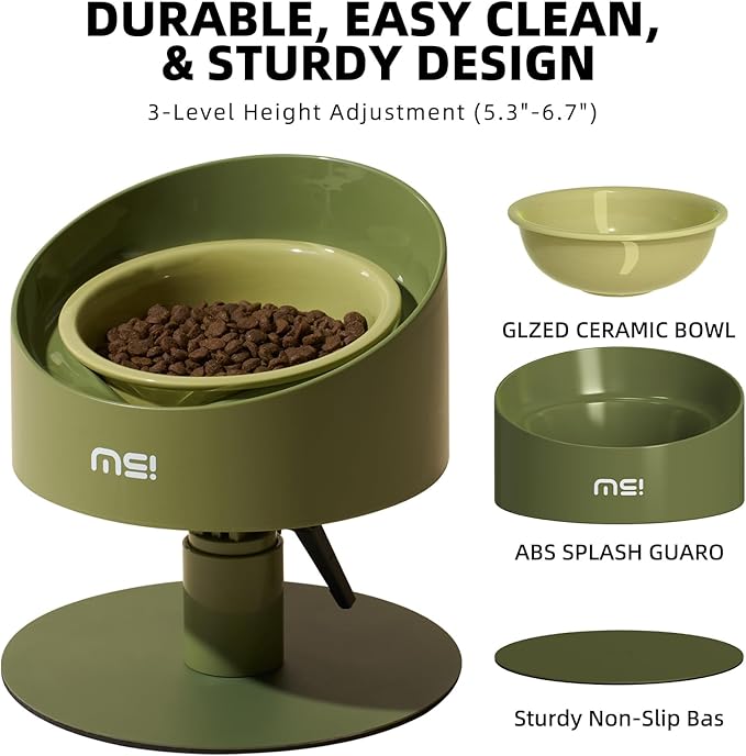 MS!MAKE SURE Adjustable Raised Cat Bowls, Ceramic Elevated Cat Bowls, Pet Bowl with Anti - Slip Rubber Pad, Leak - Proof, Lead & Cadmium Free, Whisker - Friendly, for All Life Stages of AgeGreen