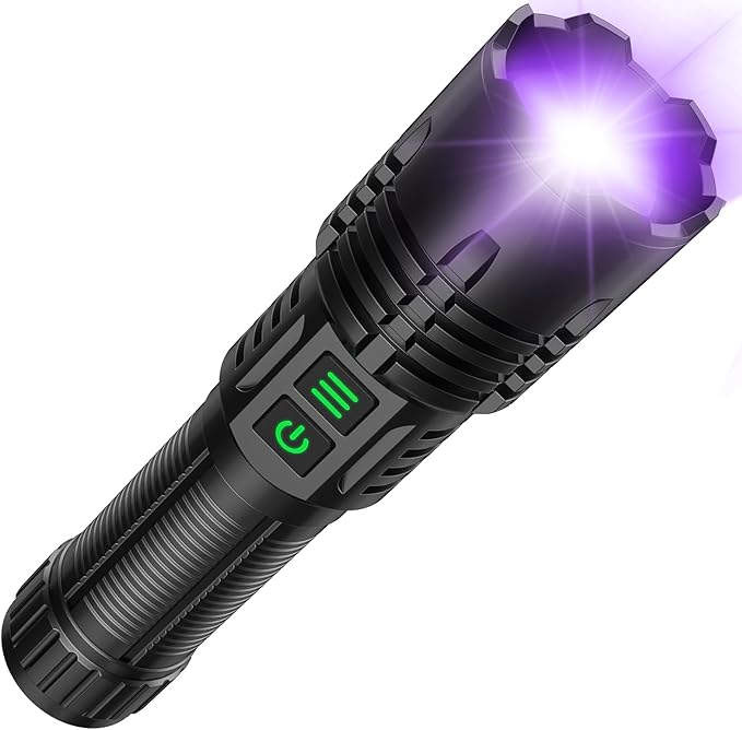 AdamStar UV&High Lumens Flashlight Rechargeable, 2-in-1 Powerful Blacklight LED Flashlight Tactical 6 Modes Super Bright Waterproof Zoomable Detector for Pet Urine Curing Resin Camping Emergencies