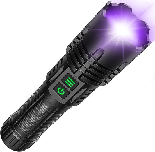 AdamStar UV&High Lumens Flashlight Rechargeable, 2-in-1 Powerful Blacklight LED Flashlight Tactical 6 Modes Super Bright Waterproof Zoomable Detector for Pet Urine Curing Resin Camping Emergencies