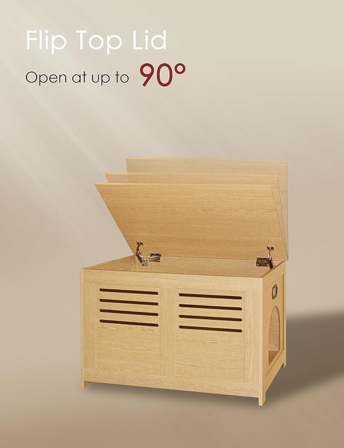 DINZI LVJ Litter Box Enclosure, Flip Top Litter Box Furniture, Good Ventilation, Hidden Cat Washroom, 27.6" L x 19.7" W x 19.7" H, Entrance Can Be on Left or Right, Wooden Cat House, Natural