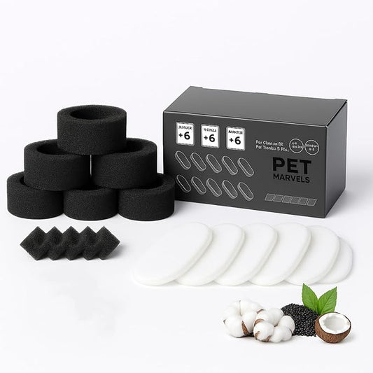 Fountain Filter Replacement Set – 18 Pack (6 Carbon Filters + 6 Pump Sponges + 6 Pre-Filters) – Compatible with Stainless Steel Cat & Dog Water Fountains – BPA-Free, Triple Filtration