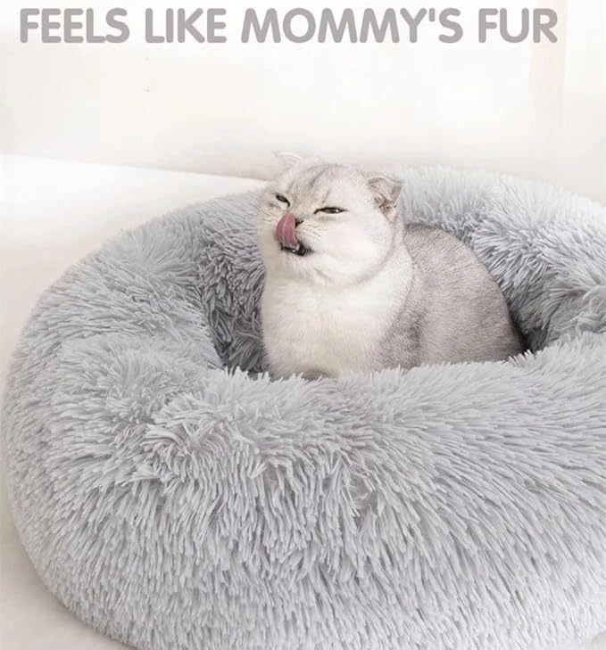 Cat Beds for Indoor Cats - Cat Bed Washable 20/24 inches, Dog Beds for Small Medium Dogs, Anti Anxiety Round Fluffy Plush Faux Fur Pet Bed, Thick Bottom (Light Grey, Medium)