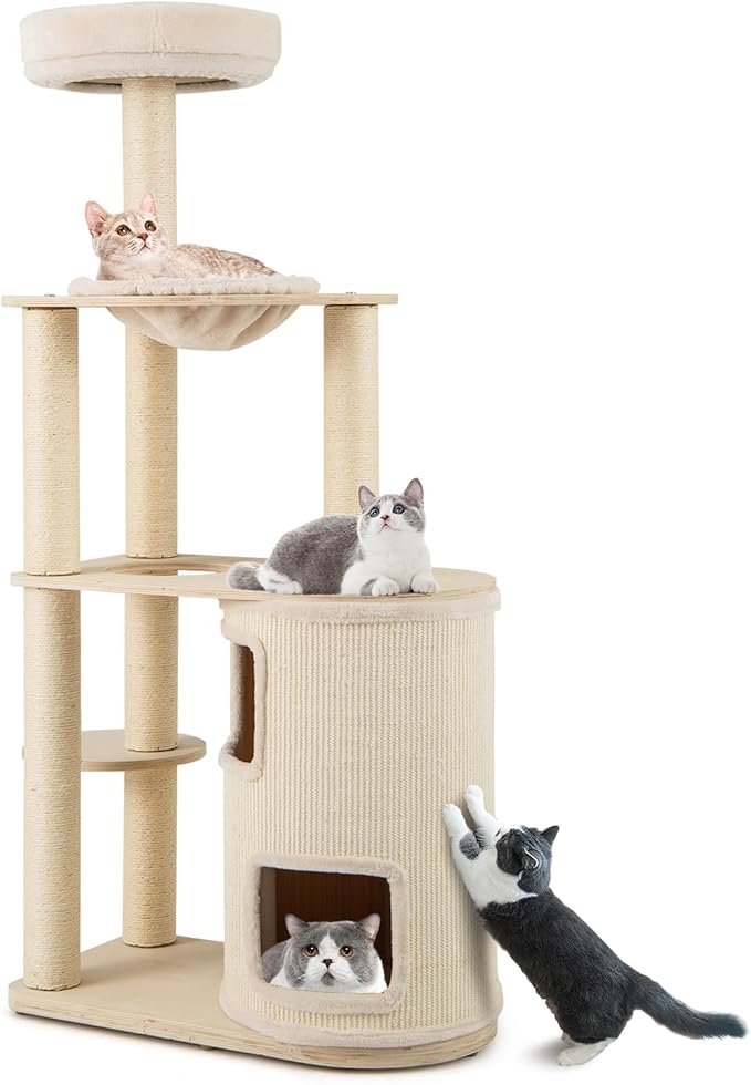 Tangkula Cat Tree Tower, 60 Inch Multi-Level Modern Wooden Cat Tower with 2-Story Condo, Sisal Scratching Posts & Mat, Perch, Hammock, Washable Plush Cushion for Indoor Cats Large Adult