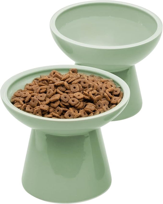 2 Elevated Ceramic Cat Bowls Extra Wide for Food & Water – Whisker Fatigue Shallow Food Dish, Lead & Cadmium-Free, Raised Height for Cats, Sage Green