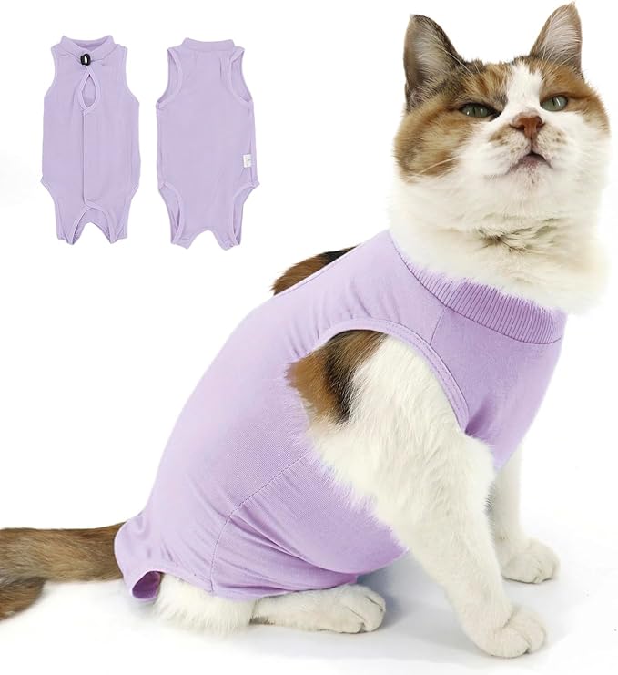 Cat Recovery Suit, Surgical Recovery Clothes for Abdominal Wound or Skin Disease, Cats Onesie After Surgery and Spay, E-Collar Alternative Pajama Suit (Purple, Small)