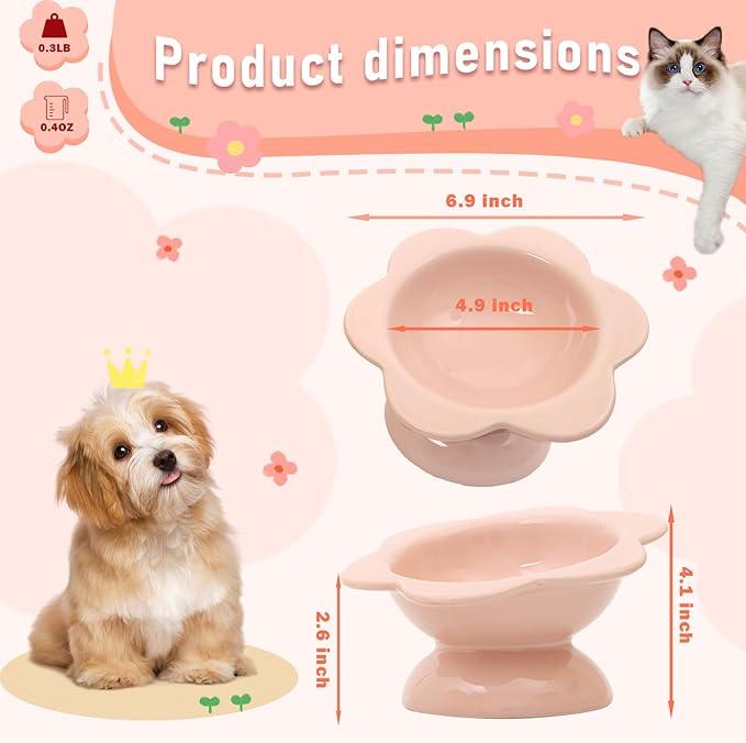 2 Pcs Ceramic Raised Cat Bowls Flower Raised Cat Food Bowls 7 oz Tilted Elevated Cat Food Bowl Cat Dishes for Anti Vomiting Protecting Spine Pet Feeder Bowl Water Bowl for Cat Kitten (Pink)