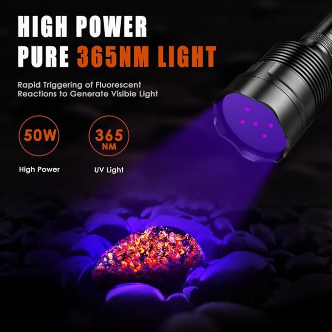 UniqueFire 365nm Black Light UV Flashlight with 5 LEDs Professional UV Light, 50W Powerful Blacklight Flashlight Rechargeable for Pet Urine Finding & Mineral, Antique Detection, Scorpion Search, etc