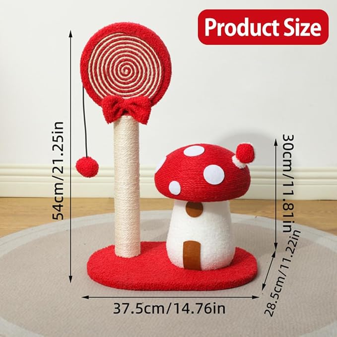 Mushroom Lollipop Cat Scratcher Furniture Mushroom Cat Tree Condo Cat Climbing Frame Sisal Rope Cat Tower for Indoor Cats (Red)