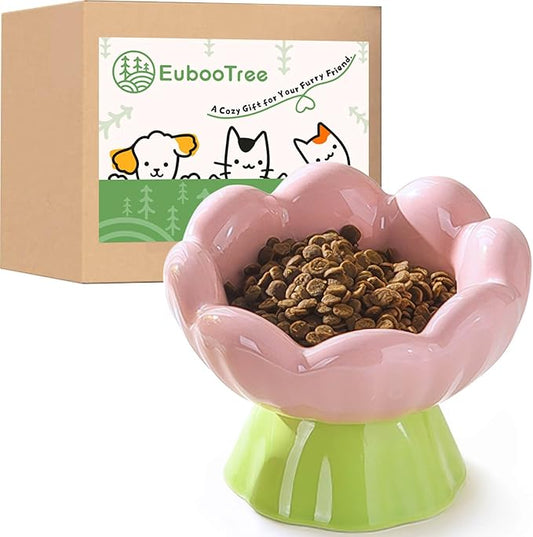 Ceramic Raised Cat Bowl Elevated, Tall & Tilted, Anti-Vomiting, Non-Slip, Cute Flower Cat Food Bowls for Dry Wet Food and Water, for Small Indoor Cats, Pink