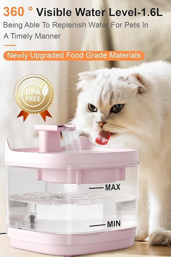 Cat Water Fountain - Quiet Pet Lndoor Water Bowl Dispenser 54oz/1.6L with Replacement Multi-Filtration(2 pcs Filters) Detachable Design Easy Cleaning - Fresh and Clean Water for Pets (Pink)