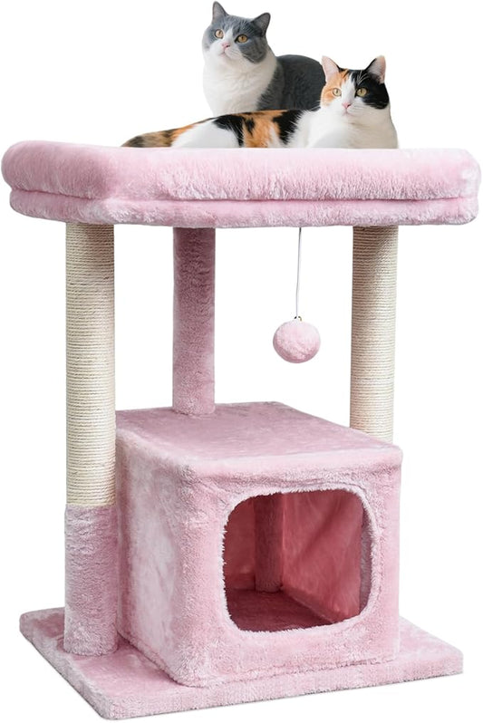 SYANDLVY Small Cat Tree for Indoor Cats Large Adult, 27" Activity Tower with Scratching Posts, Modern House with Padded Perch, Kittens Condo, Cat Cave, Pink