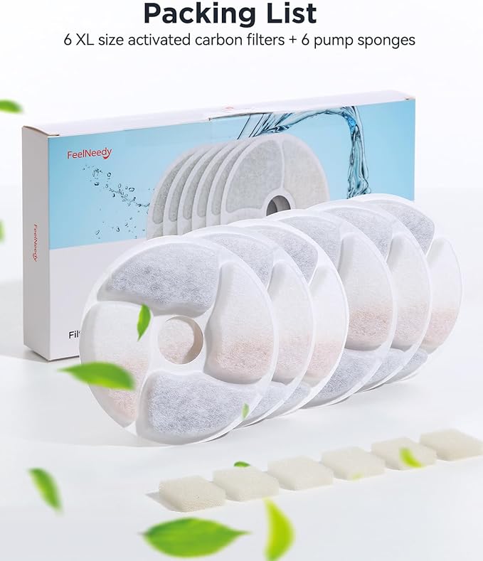 6 Pack Cat Water Fountain Filter & 6 Pack Pump Sponges Replacement for [FN-W19] - 6 Filters+6 Sponges
