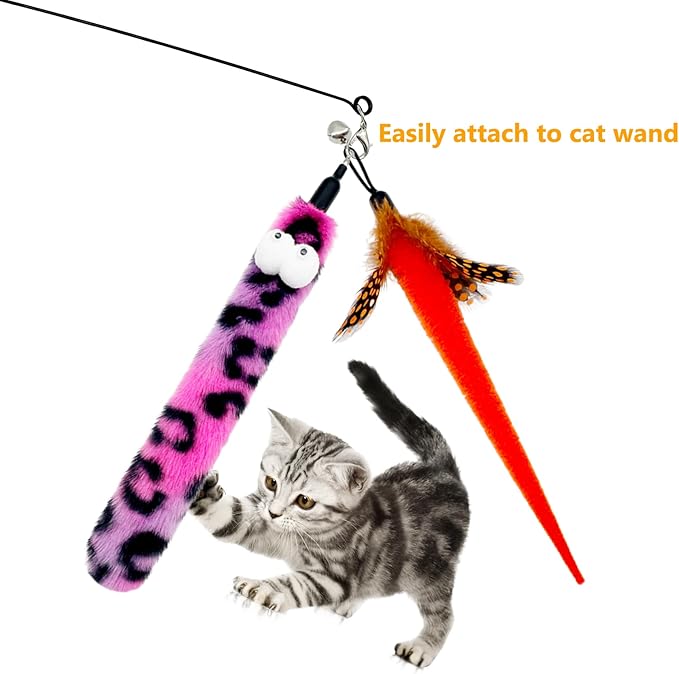 Cat Wand Replacement Feather Worm Snake, 10 Pieces Cat Wand Attachments Assorted Snakes Worms Feathers Refill Toy for Indoor Cats (A)