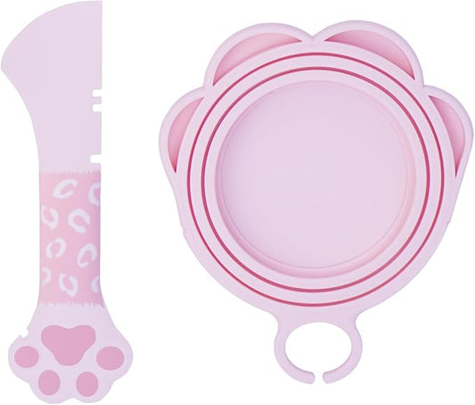 Meow&Woof Cute Cat Pet Can Food Cover with Spoon - One Lid and One Spoon Pack (Pink)