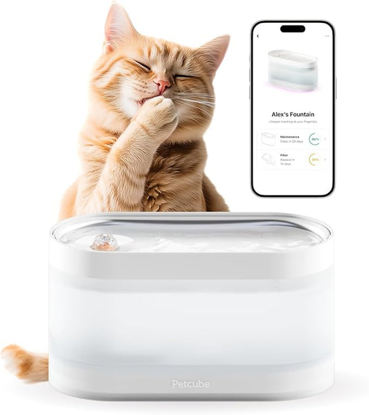 Petcube Pet Water Fountain | Automatic Wireless Fountain for Cats and Dogs with Stainless Steel Bowl, Easy to Clean, 4-Layer Filtration, in-App Filter Control, LED Light, Quiet Pump, Battery Operated
