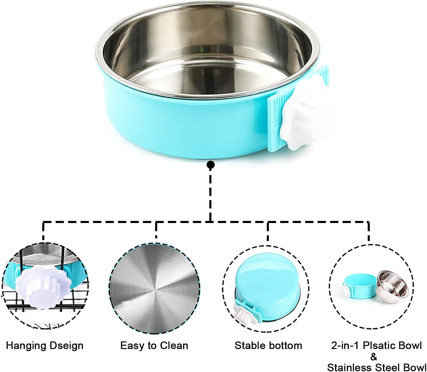 HERCOCCI Dog Crate Bowl, Removable Stainless Steel Pet Kennel Cage Hanging Food Bowls and Water Feeder Coop Cup Prevent Overflow for Puppy, Medium Dog, Cat, Rabbit, Ferret (2PCS)