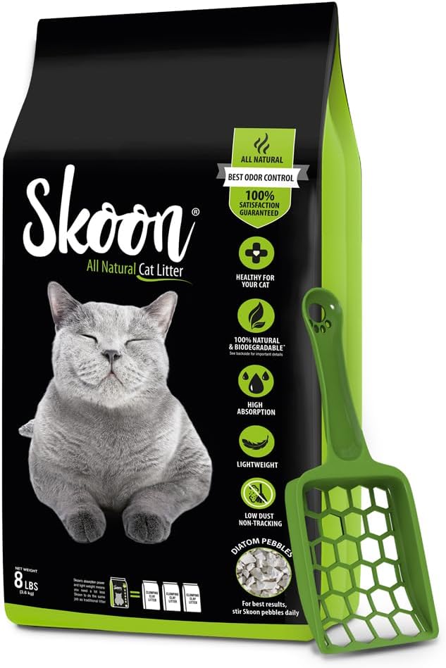 Skoon All Natural Cat Litter + Pooper Skooper - Original - Lightweight, Low Tracking, Non-Clumping Diatom Pebbles Absorb, Lock, and Seal Waste for Best Odor Control