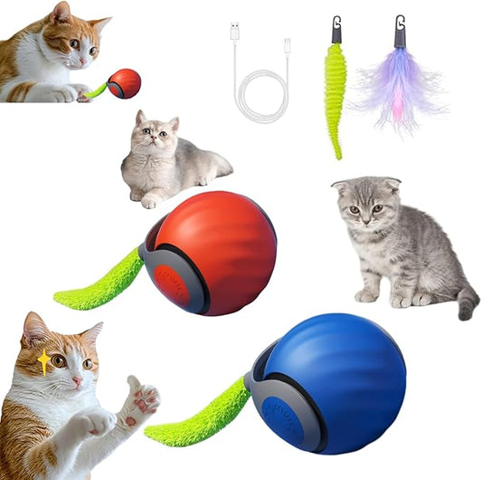 2025 Upgraded Self-Moving Cat Toy Ball with Tail (2-Pack) - Rechargeable Smart Interactive Kitten Toys, 2-Speed Modes, Bite-Resistant Indoor Exercise Toys for Bored Cats (Blue&Orange)