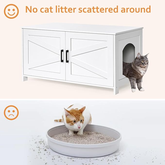 Homhedy 39.4" L Cat Litter Box Enclosure, Pet House with Barn Door, Wooden Cat Washroom Furniture, Fit Most of Litter Box, White