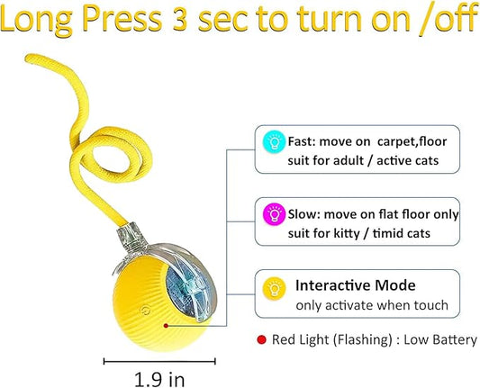 Interactive Cat Toy Ball 2025, Smart Automatic Rolling Ball for Indoor Cats, Fast Moving Mouse Cord Design, Self-Rolling Cat Toy on Carpet, Fun Gift for Kittens & Cats (Yellow)