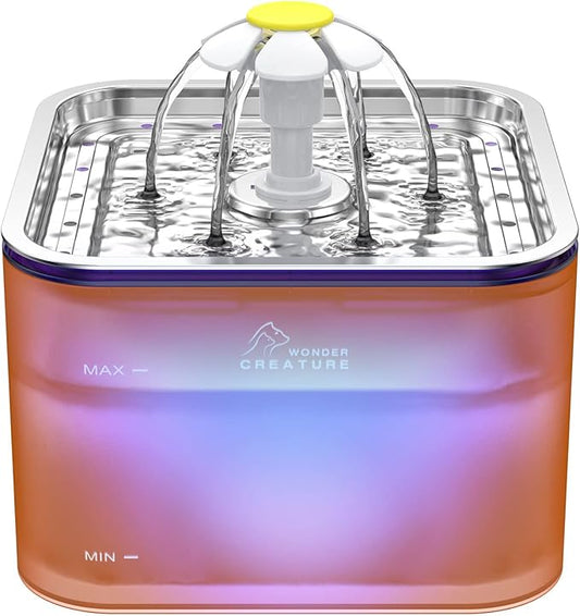 Crystal Cat Water Fountain Stainless Steel, 101oz/3L Pet Fountain with LED Light for Cats and Dogs (Orange)