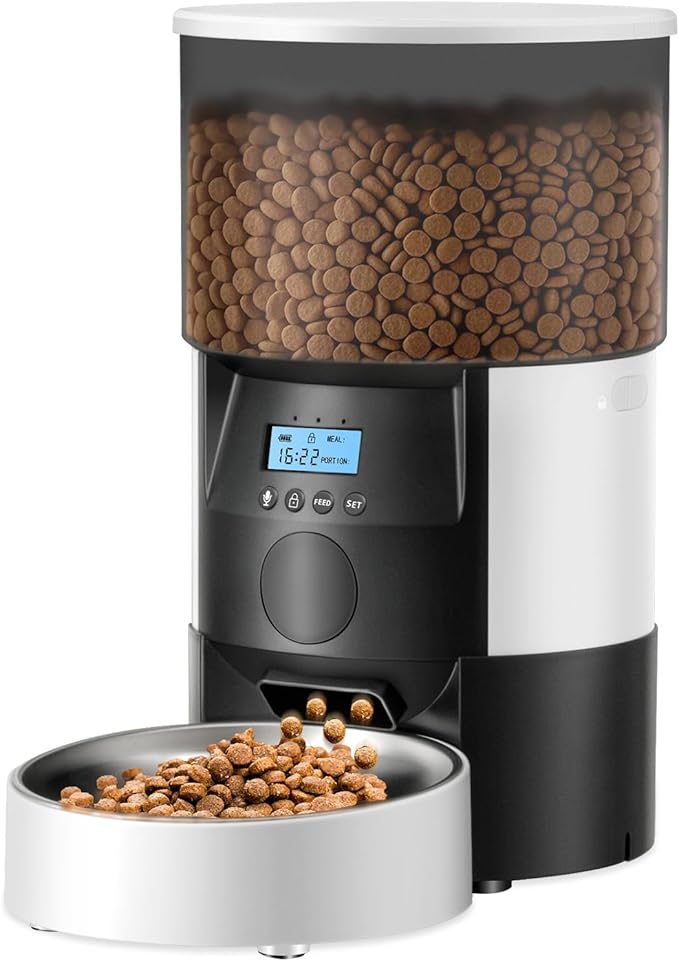Automatic Cat Feeder, 3L Timed Dog Food Dispenser, Auto Dry Food Feeders for Pets, Programmable Portion Control, 4 Meals/Day, Dual Power Supply, 10s Voice Recorder (White and Black - Basic)