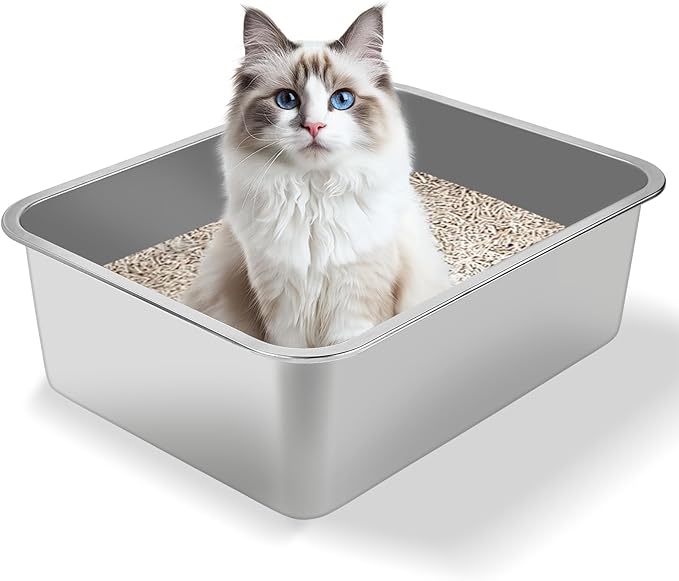 Stainless Steel Cat Litter Box - Metal High Sided Cat Pan, Large Stainless Steel Box, Indoor Litter Tray, Non Stick, No Smell, Easy-Clean Design for Hygienic Pet Care – Large Size for All Cats