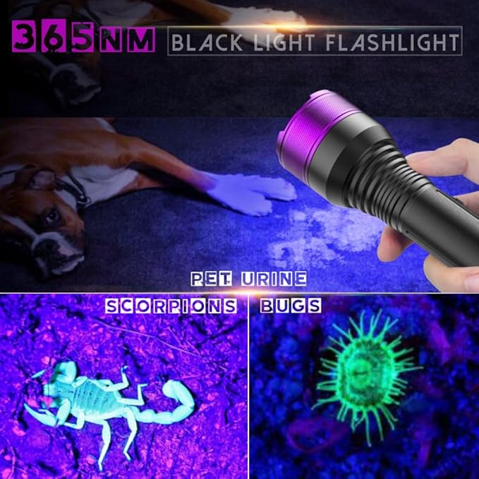 365NM UV Blacklight Flashlight, Professional 4-Core High-Intensity Filtered LED, High Capacity of Battery, Ultra-Long Range Beam for Yooperlite Hunting, Scorpions, Pet Urine, Resins, Counterfeit Money